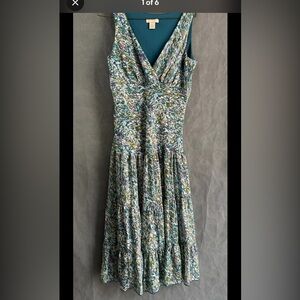 Jonathan Martin Drop Waist Dress, White Teal Floral Midi V-Neck - size Medium
